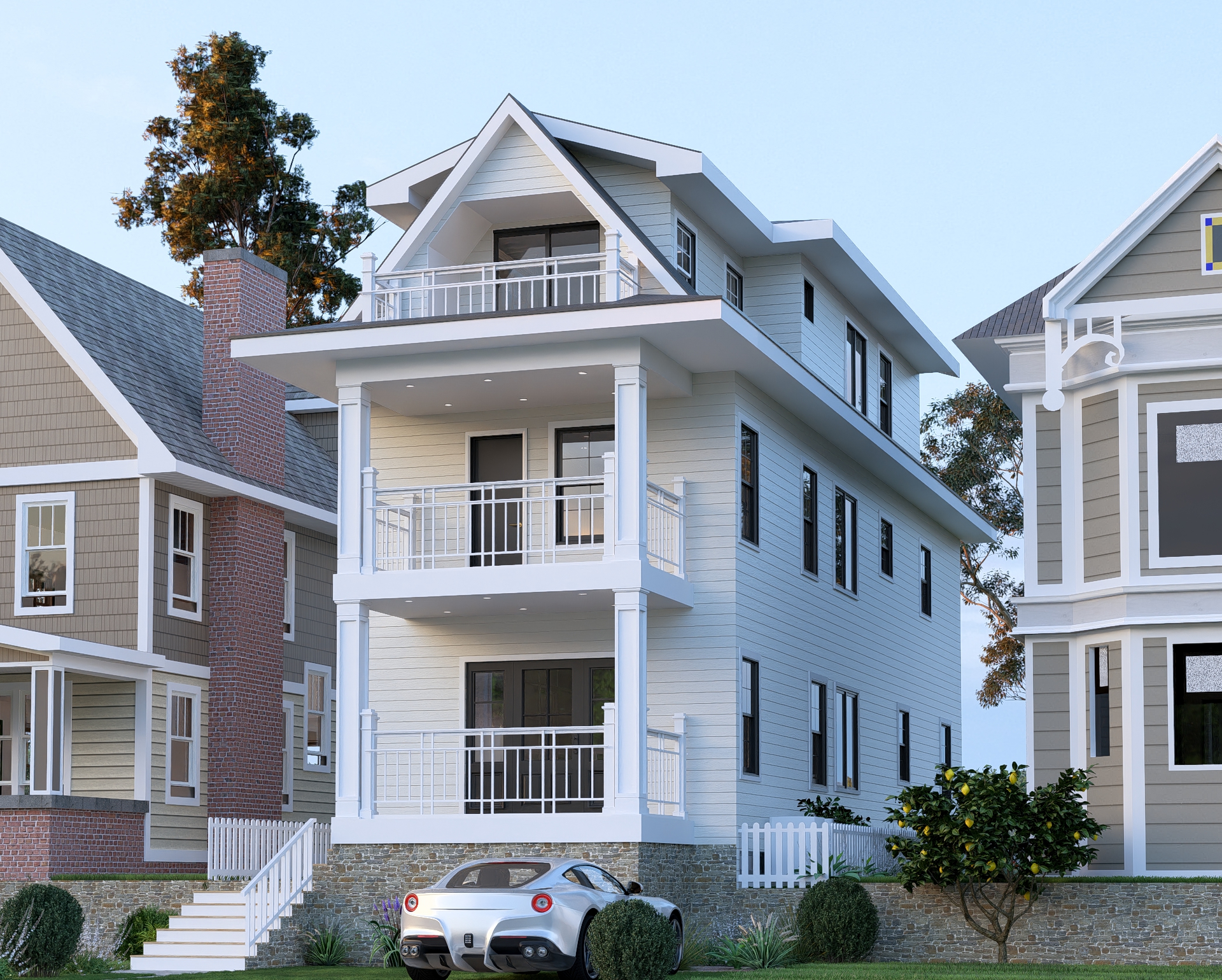 Luxury triple small house exterior rendering